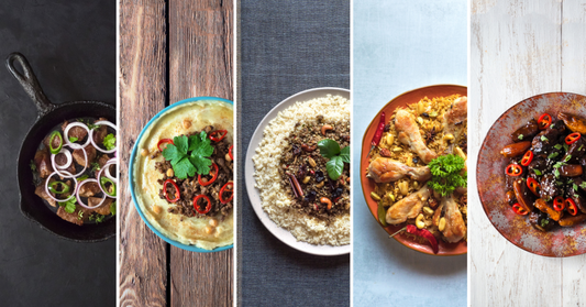 Five different dishes of food arranged in a row on various backgrounds.