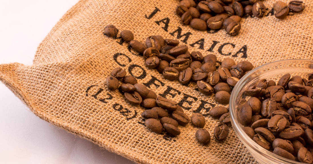 Jamaica coffee beans on a burlap bag with a glass container of coffee beans.